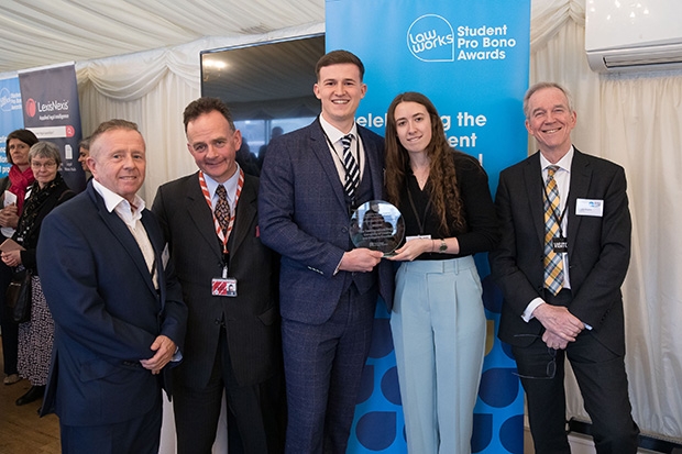 Annabel Priest and Bradley Bennett, University of Chester with (left to right) Peter Liver, College of Legal Practice, Lord Stewart of Dirleton KC, Advocate General for Scotland, and Alasdair Douglas, Chair of Trustees, LawWorks.