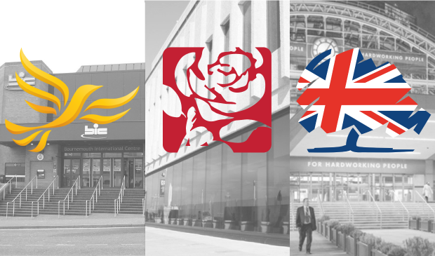 Liberal democrat, Labour and Conservative logos